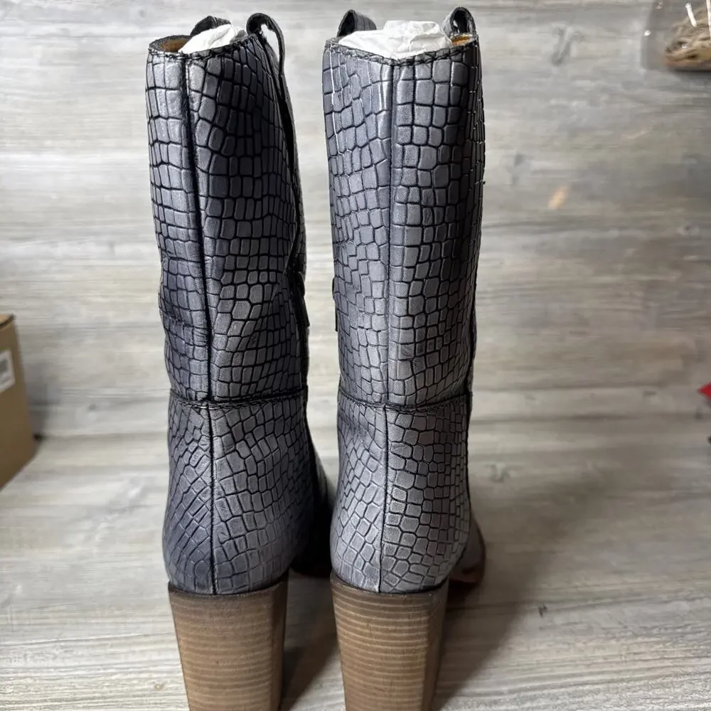 Diba True Leather Mid Calf Western Boots - Croc Embossed Size 9.5